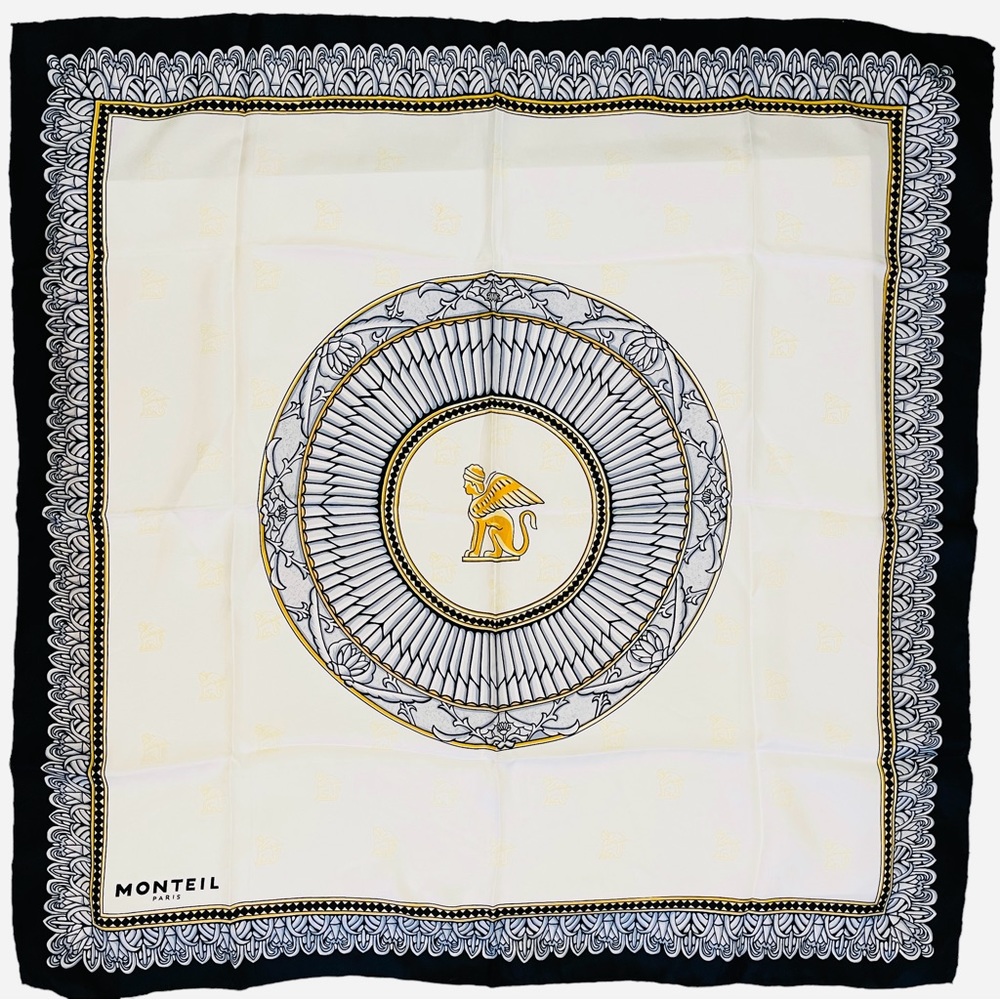 MONTEIL PARIS vintage 31” square silk scarf. Mint Condition. Sphinx logo.